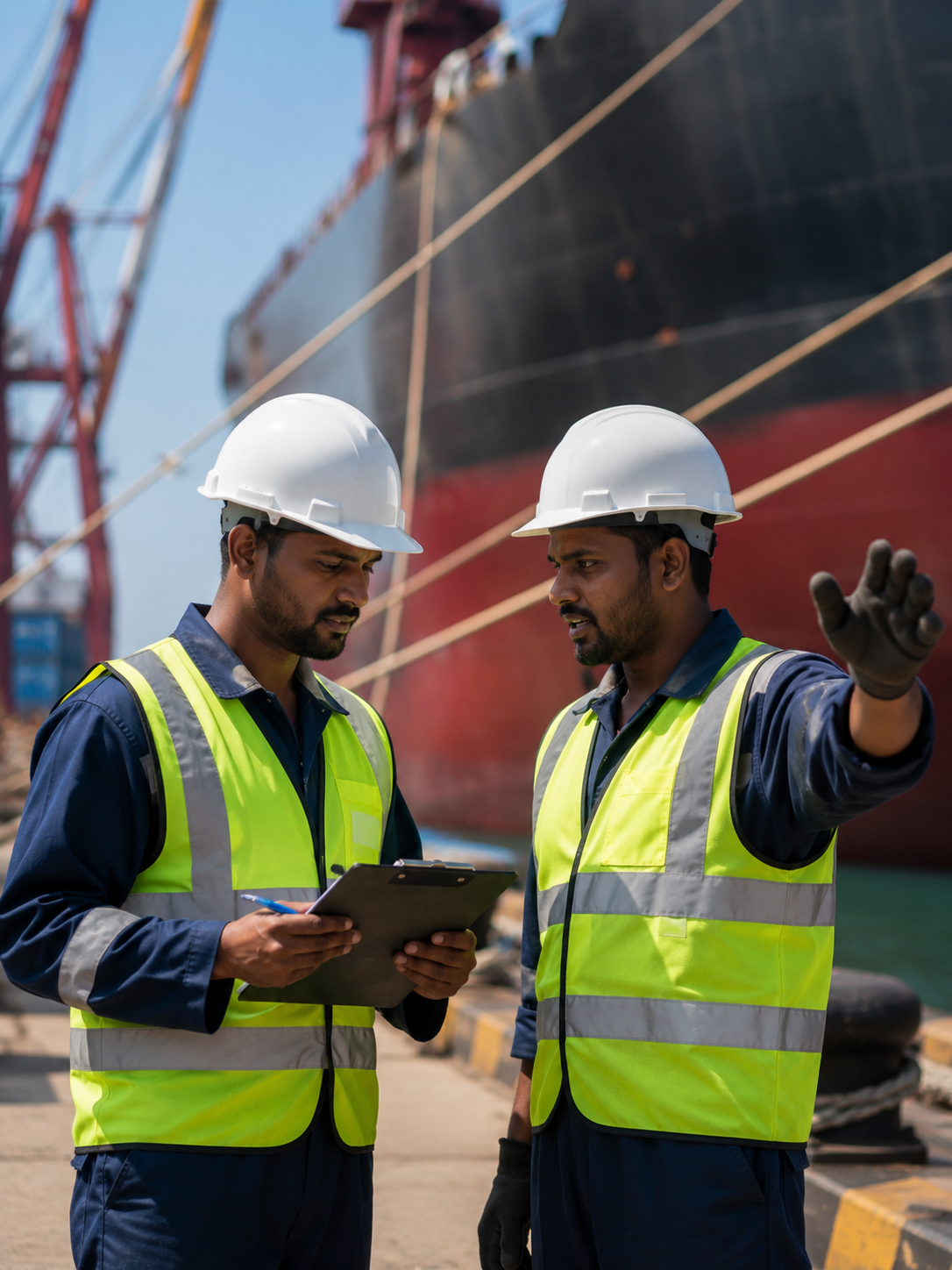 Prime Blue team in discussion at the shipyard dock